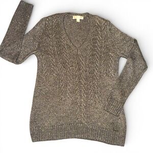 Michael Kors Gray Metallic Cable Knit V Neck Sweater Women's M Neutral Shimmer